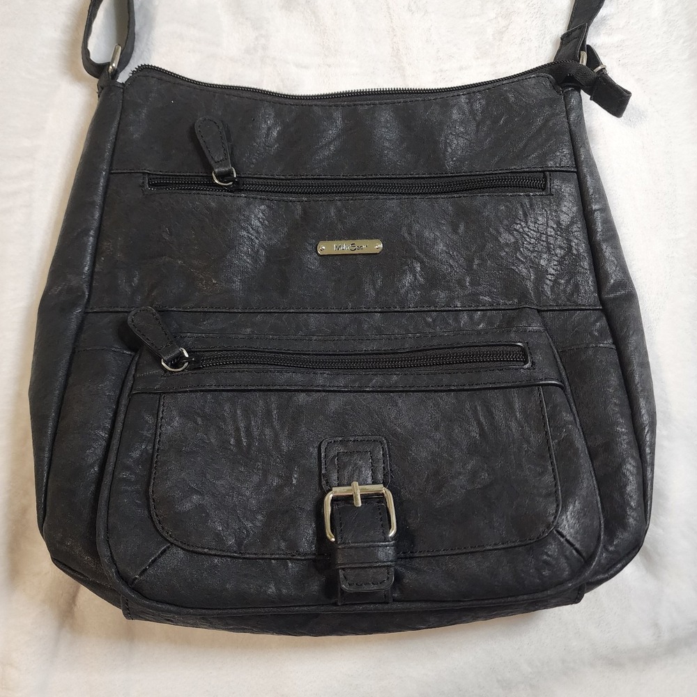 Women's MultiSac Black Leather Flare Shoulder Bag EUC